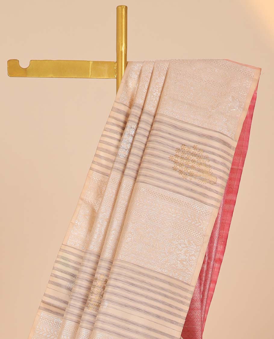 Borderless sandal striped Kanchipuram designer silksaree with zari designs, contrast pallu of jaal designs