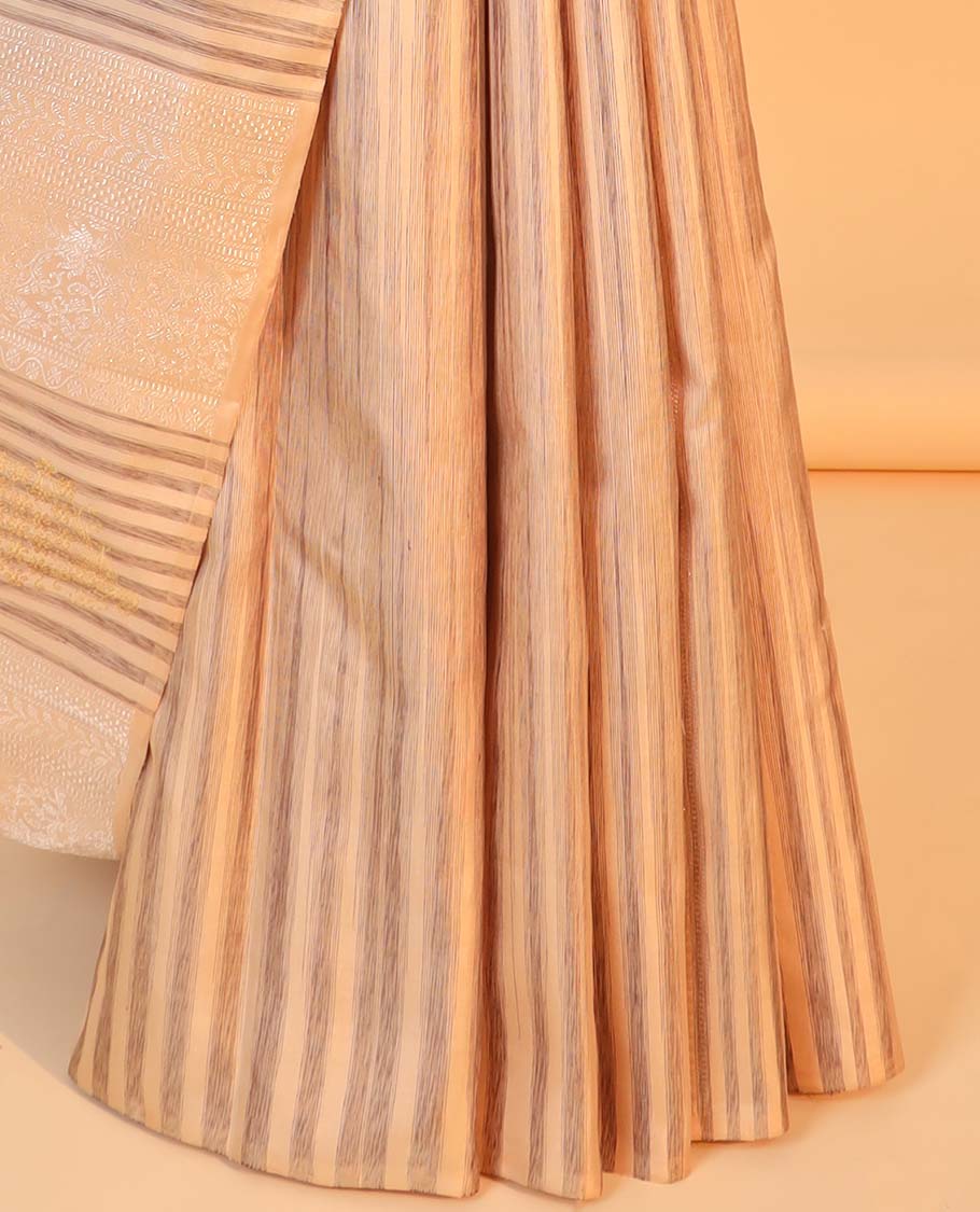 Borderless sandal striped Kanchipuram designer silksaree with zari designs, contrast pallu of jaal designs