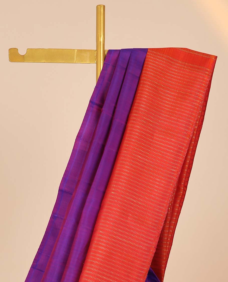 Purple plain kanchipuram designer silksaree, contrast rekku border & pallu of muthu zari stripes