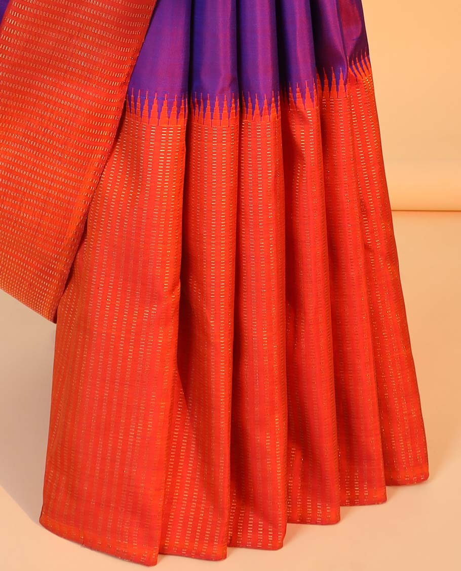 Purple plain kanchipuram designer silksaree, contrast rekku border & pallu of muthu zari stripes
