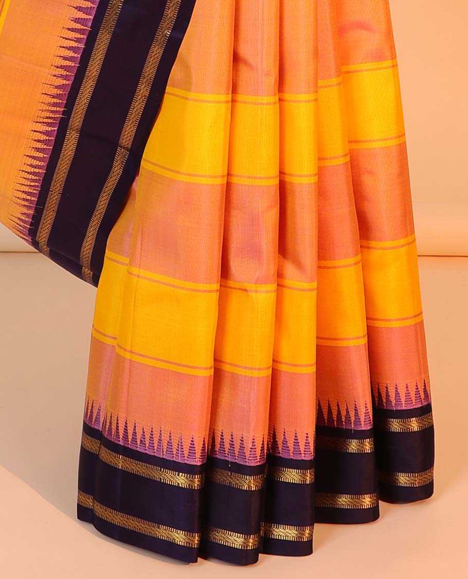 Pink striped kancheepuram silksaree, contrast zari striped pallu & border of temple rettai pettu border of muthu design