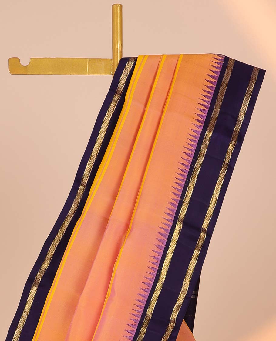 Pink striped kancheepuram silksaree, contrast zari striped pallu & border of temple rettai pettu border of muthu design