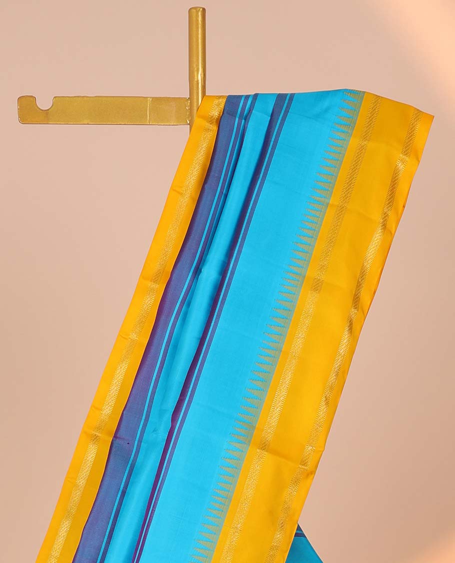 Blue striped kancheepuram silksaree, contrast zari striped pallu & border of temple rettai pettu border of muthu design