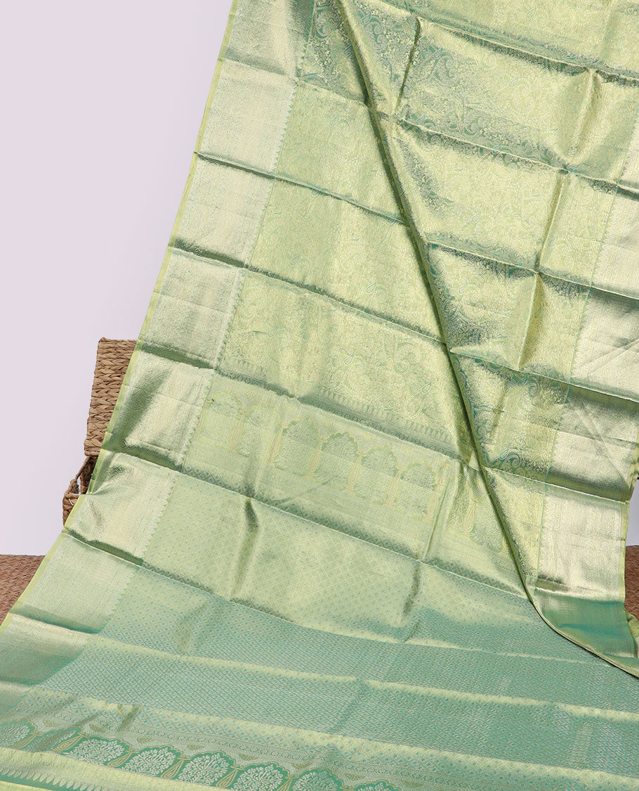 Green jacquard kancheepuram tissue silk saree, zari border of rekku,paisa,kodi visiry,jaal & mayil & jaal pallu