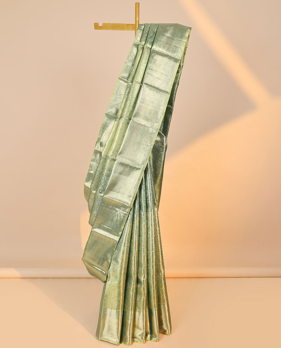 Green jacquard kancheepuram tissue silk saree, zari border of rekku,paisa,kodi visiry,jaal & mayil & jaal pallu