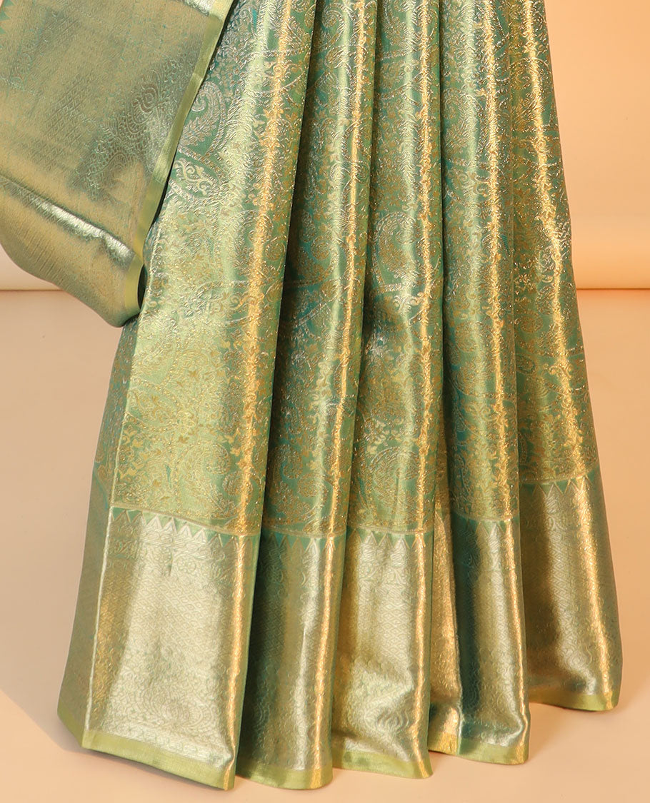 Green jacquard kancheepuram tissue silk saree, zari border of rekku,paisa,kodi visiry,jaal & mayil & jaal pallu
