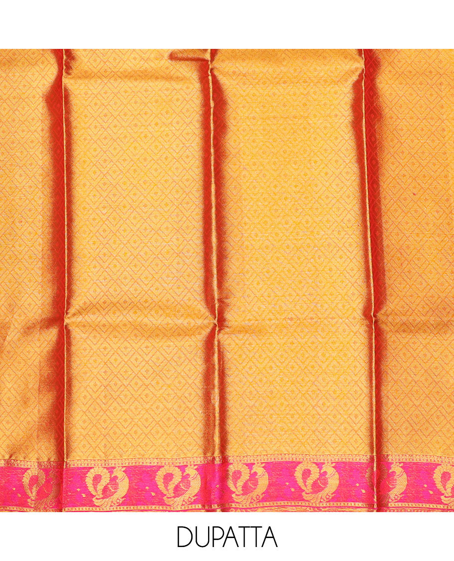 Orange jacquard pure silk half saree,jaal dhavani,contrast jacquard blouse & border of thilakam,muthu,mayil & mayil kann