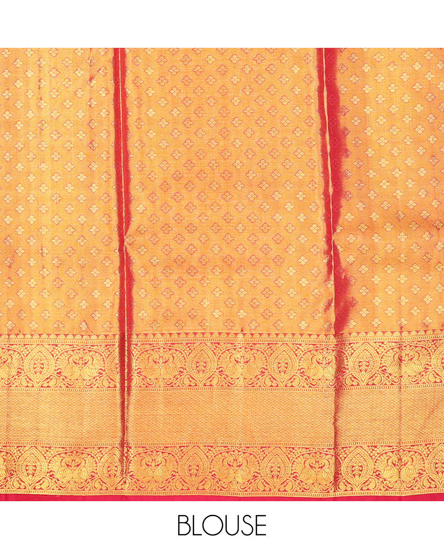Orange jacquard pure silk half saree,jaal dhavani,contrast jacquard blouse & border of thilakam,muthu,mayil & mayil kann