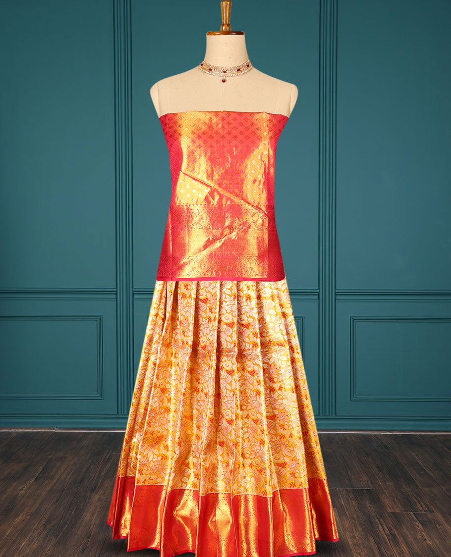 Orange jacquard pure silk half saree,jaal dhavani,contrast jacquard blouse & border of thilakam,muthu,mayil & mayil kann