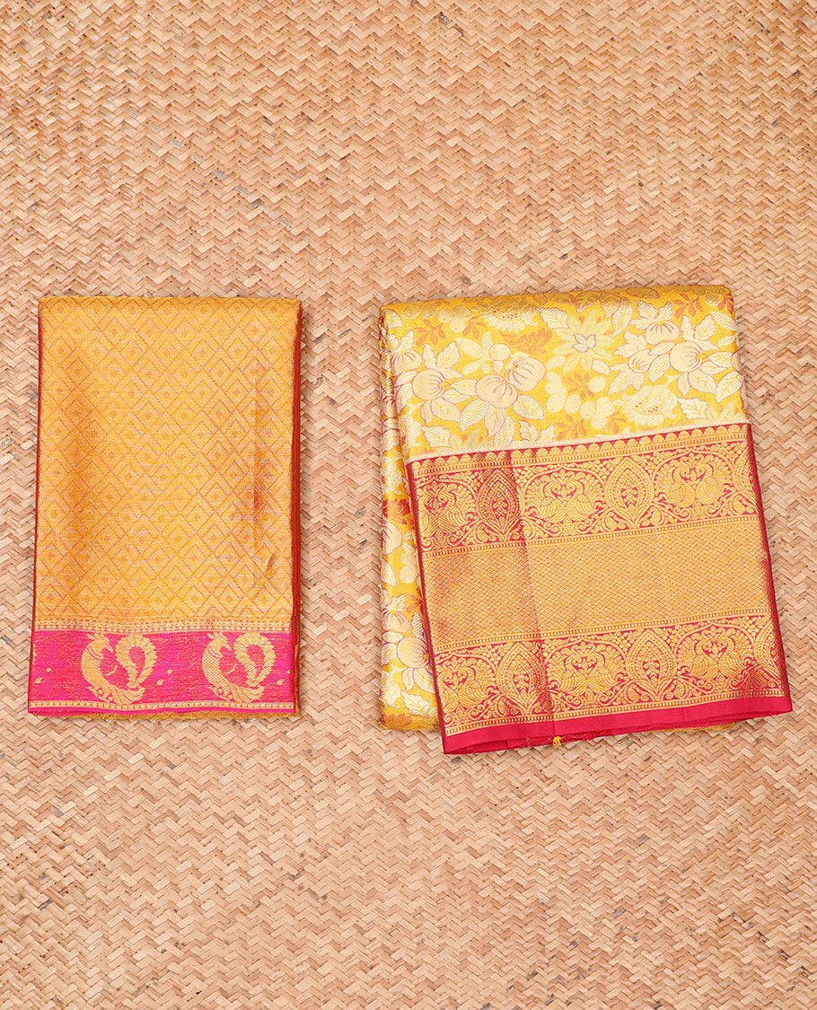 Orange jacquard pure silk half saree,jaal dhavani,contrast jacquard blouse & border of thilakam,muthu,mayil & mayil kann