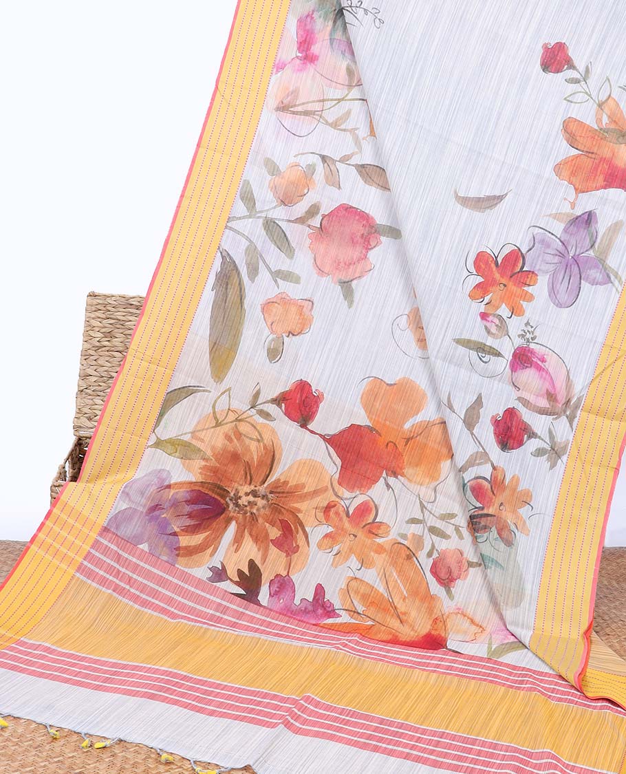 Multi-color floral printed chirala cotton saree, contrast border & striped pallu