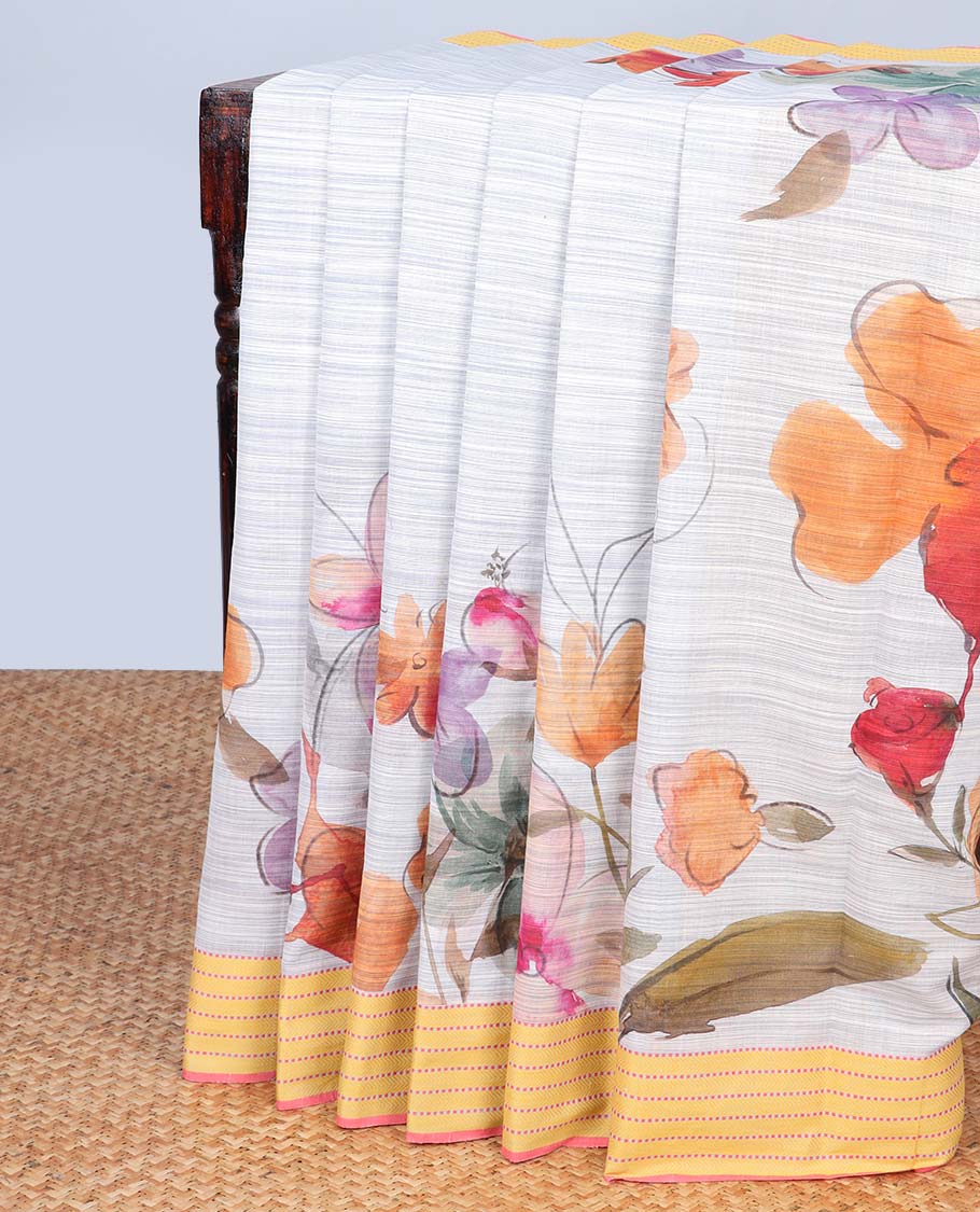 Multi-color floral printed chirala cotton saree, contrast border & striped pallu