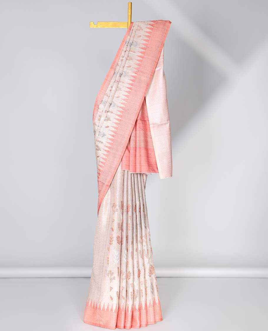 Pale brown floral vine embroidered semi-banaras art tussar saree, contrast vidarbha border & striped pallu