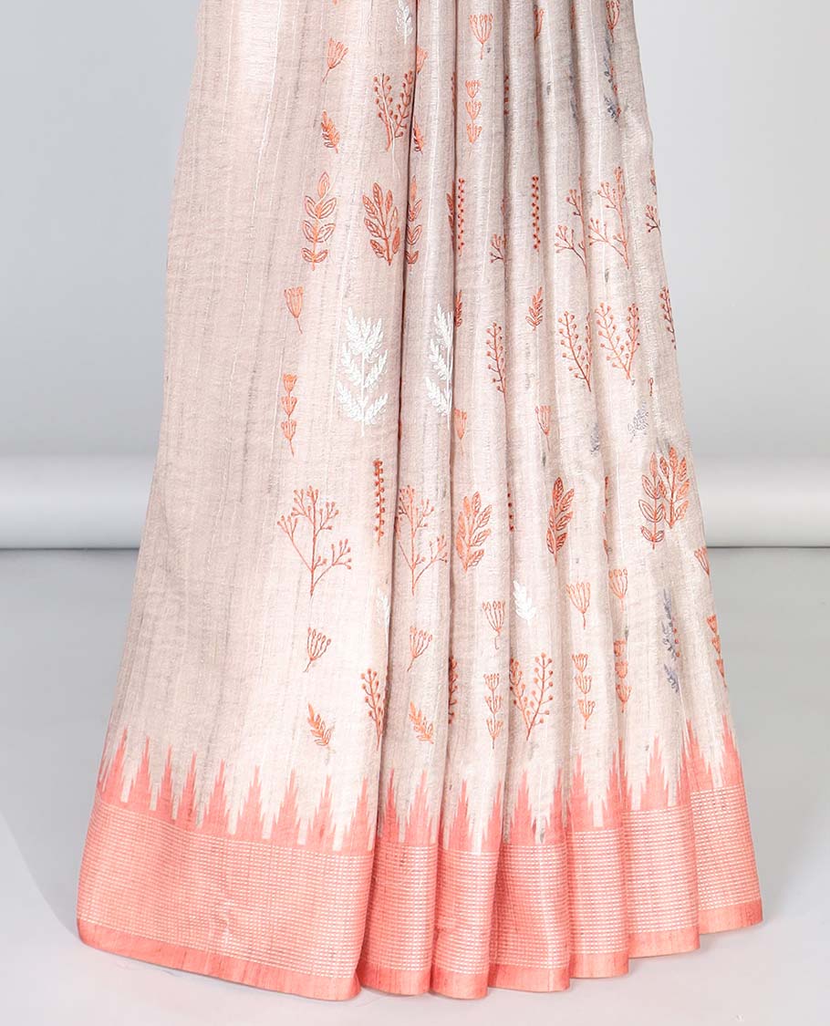 Pale brown floral vine embroidered semi-banaras art tussar saree, contrast vidarbha border & striped pallu