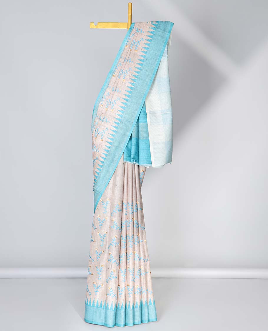Pale brown floral vine embroidered semi-banaras art tussar saree, contrast vidarbha border & striped pallu