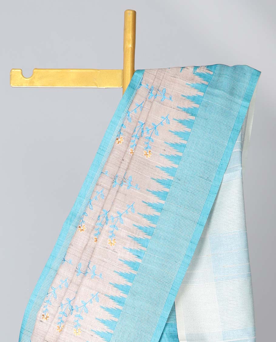 Pale brown floral vine embroidered semi-banaras art tussar saree, contrast vidarbha border & striped pallu