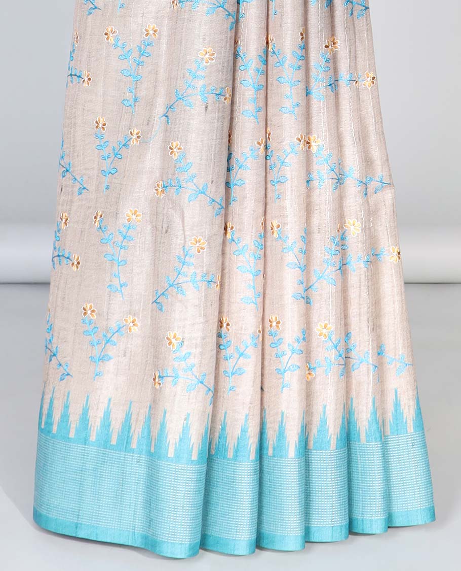 Pale brown floral vine embroidered semi-banaras art tussar saree, contrast vidarbha border & striped pallu