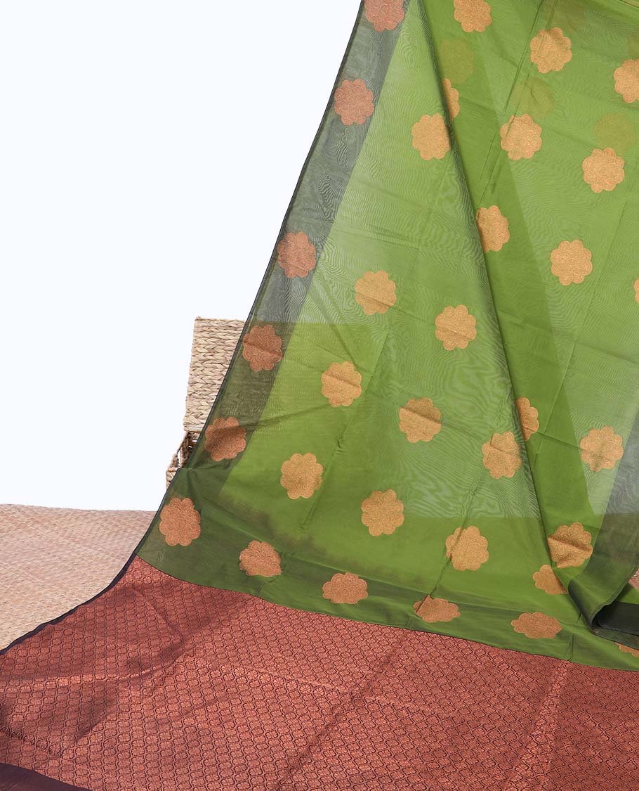 Green zari buttas semi-silk cotton saree, contrast flower zari design border & jaal patterned pallu