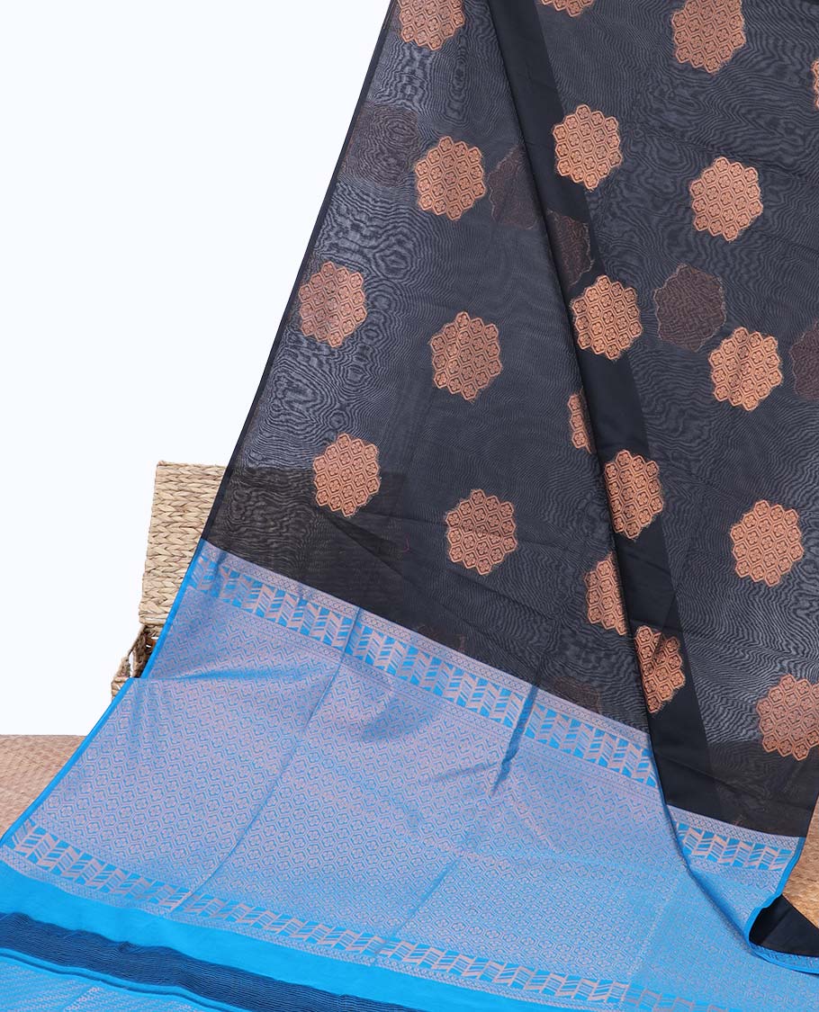 Borderless black zari buttas semi-silk cotton saree, contrast intricately designed pallu