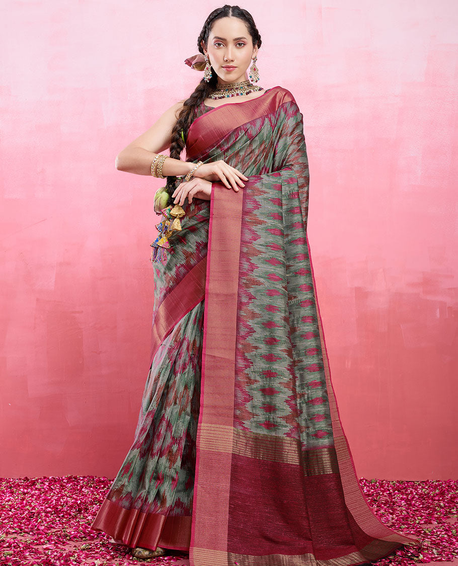 Multi Colour ikkat design catalog tussar saree, contrast plain border & striped pallu