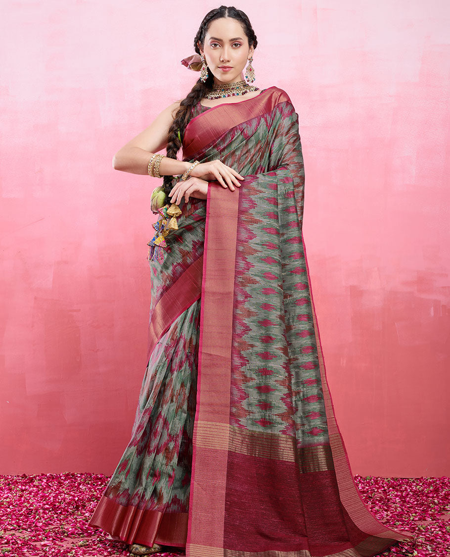 Multi Colour ikkat design catalog tussar saree, contrast plain border & striped pallu