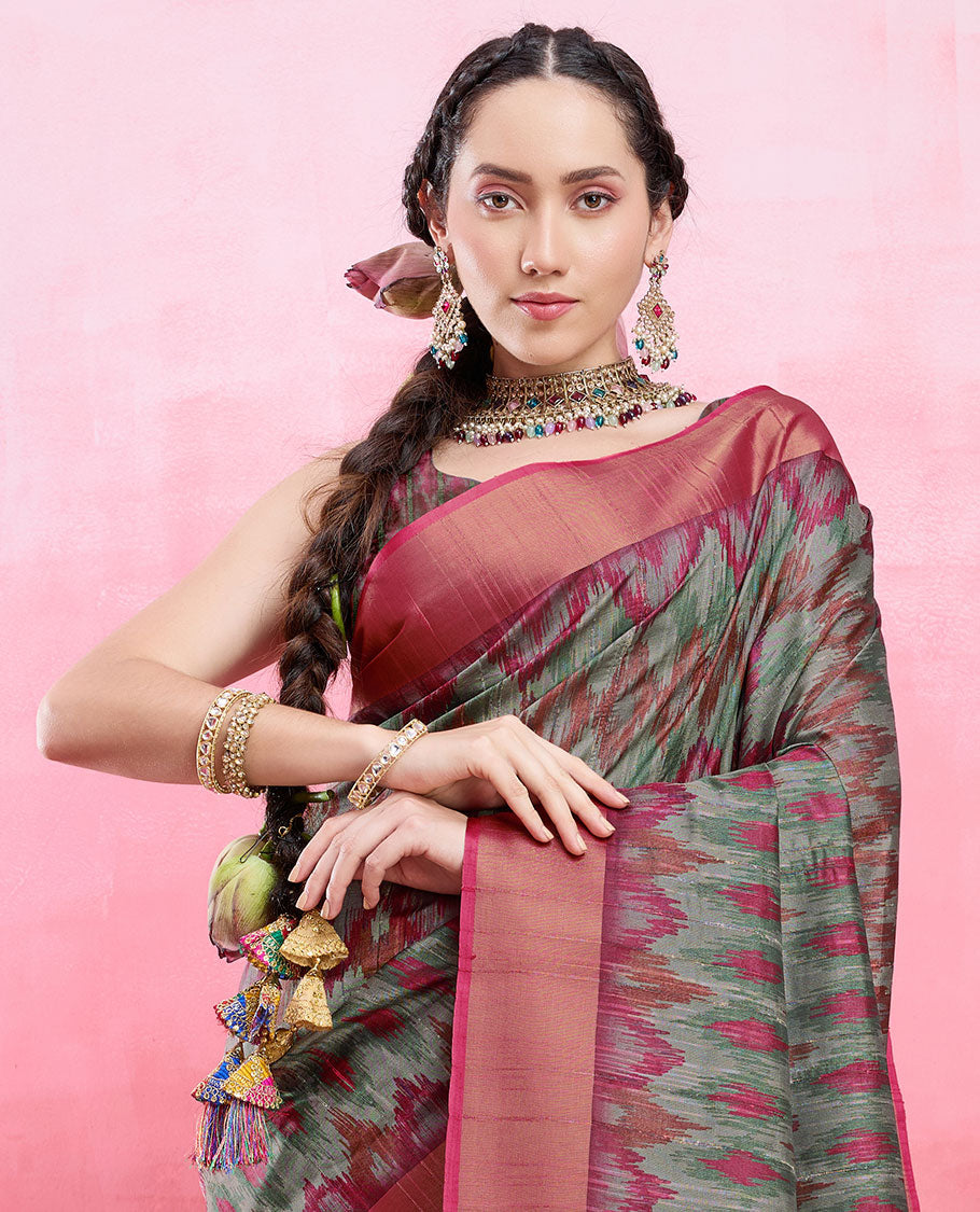 Multi Colour ikkat design catalog tussar saree, contrast plain border & striped pallu