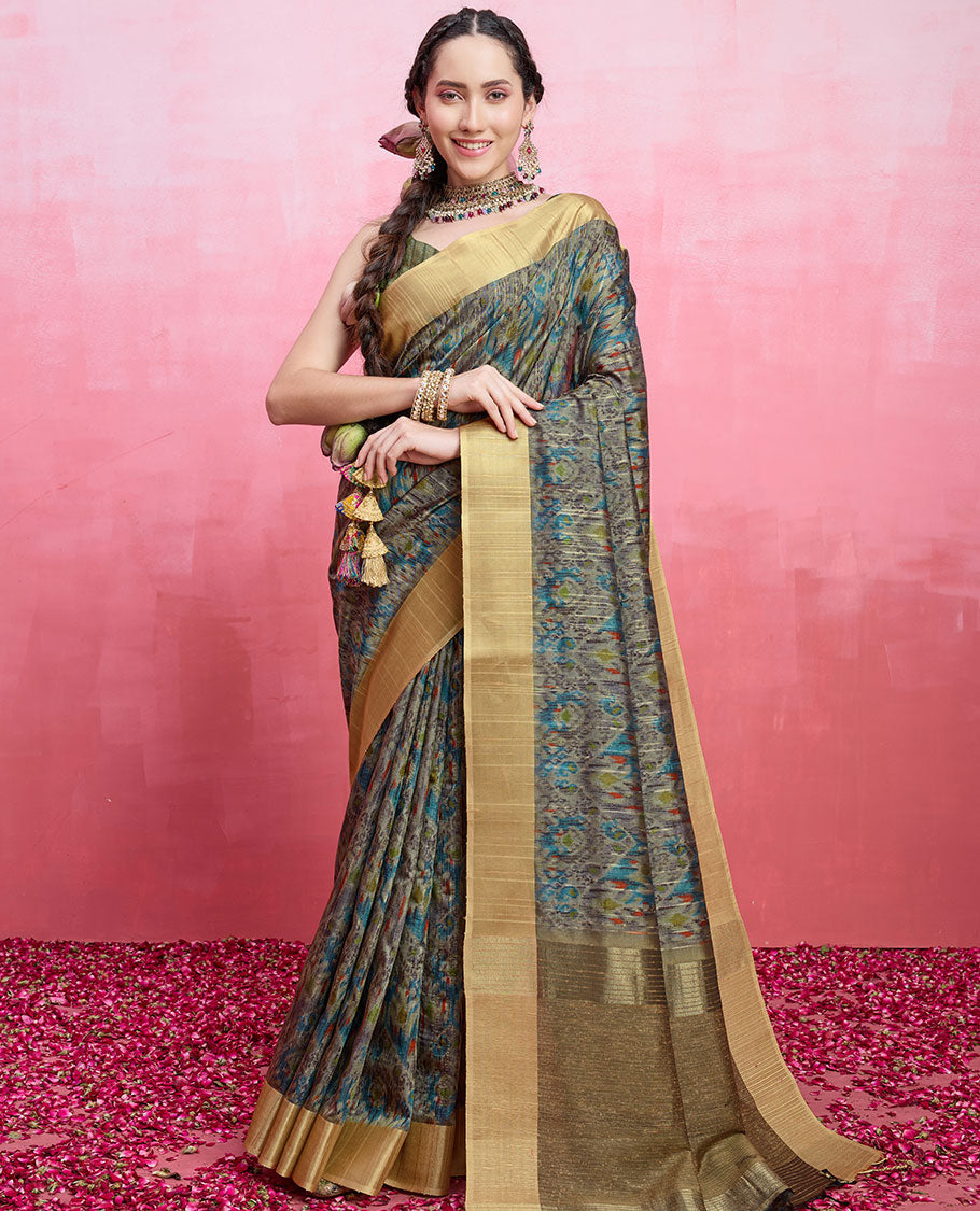 Multi-color ikkat design catalog tussar saree, contrast plain border & striped pallu