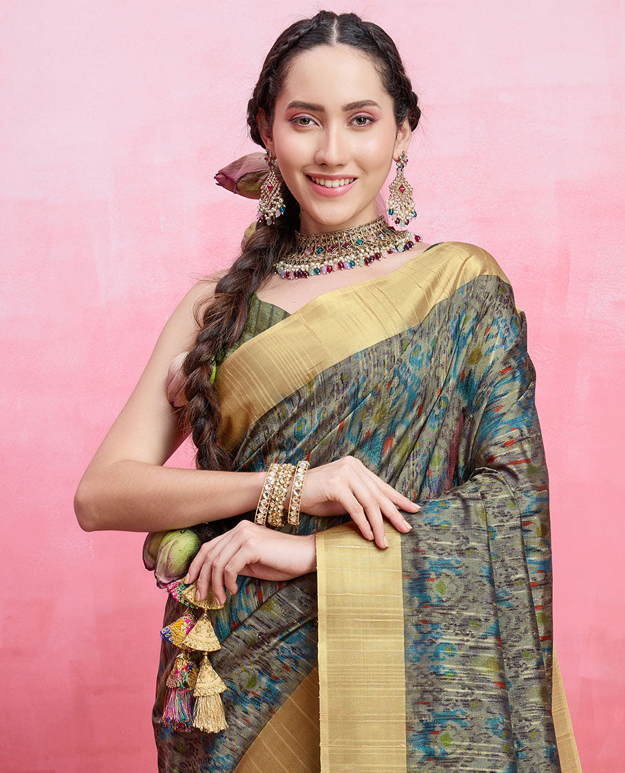 Multi-color ikkat design catalog tussar saree, contrast plain border & striped pallu