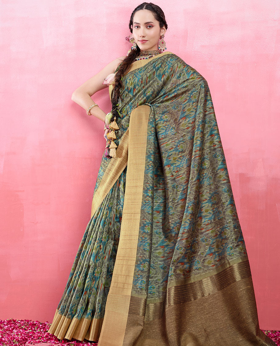 Multi-color ikkat design catalog tussar saree, contrast plain border & striped pallu