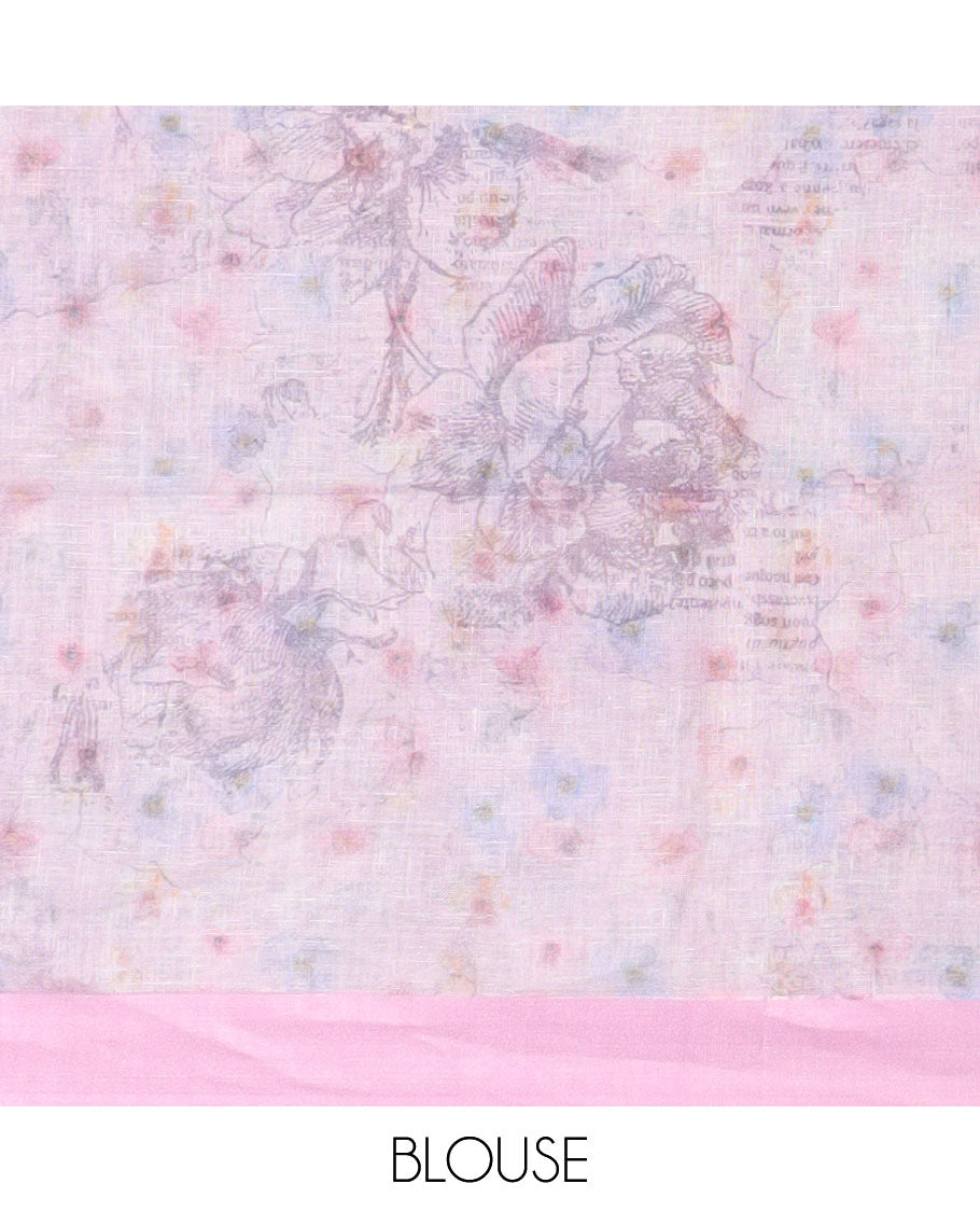 Pink floral printed linen saree, plain border & pallu of stripes