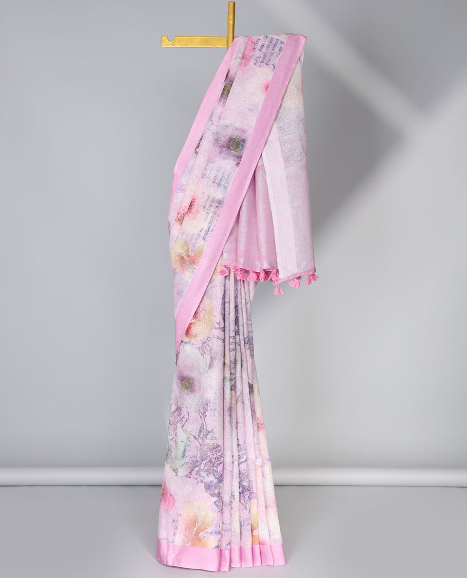 Pink floral printed linen saree, plain border & pallu of stripes