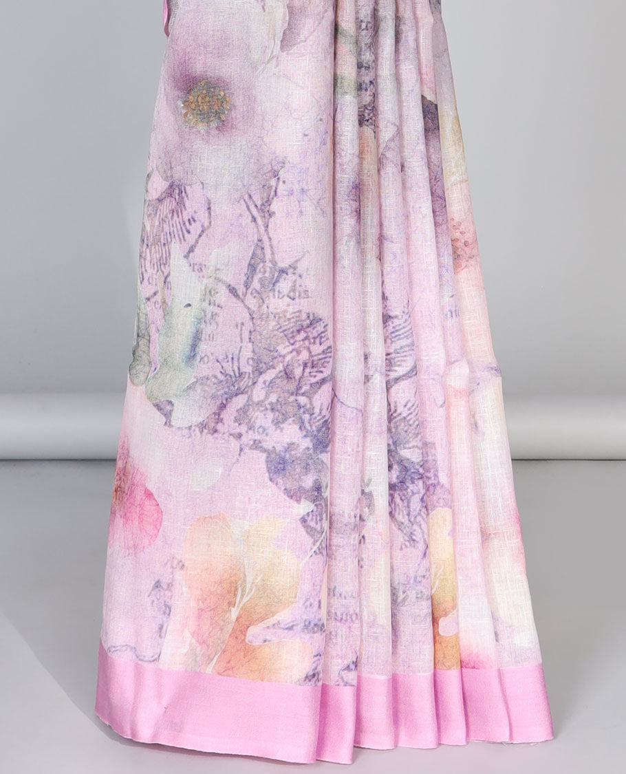 Pink floral printed linen saree, plain border & pallu of stripes