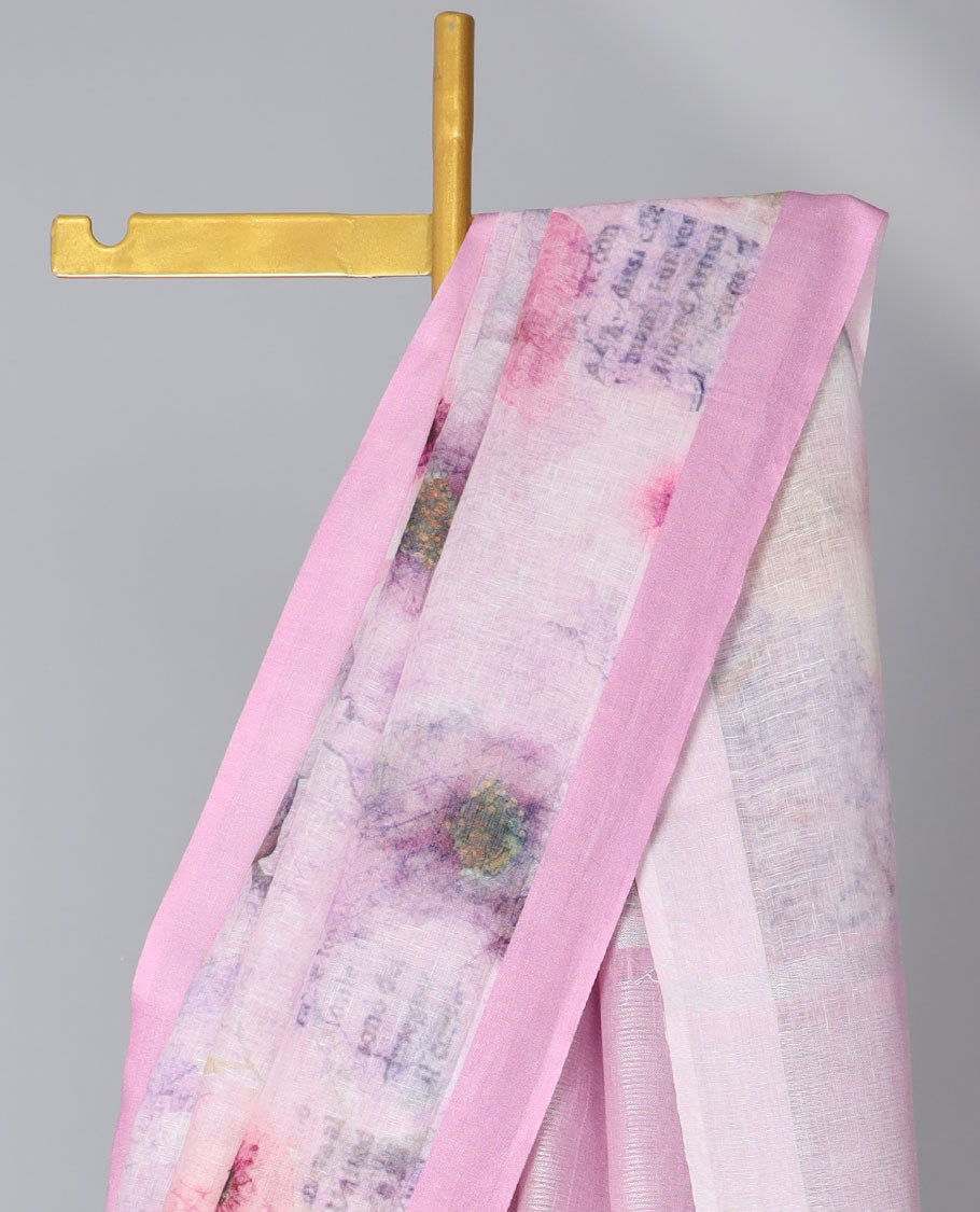 Pink floral printed linen saree, plain border & pallu of stripes