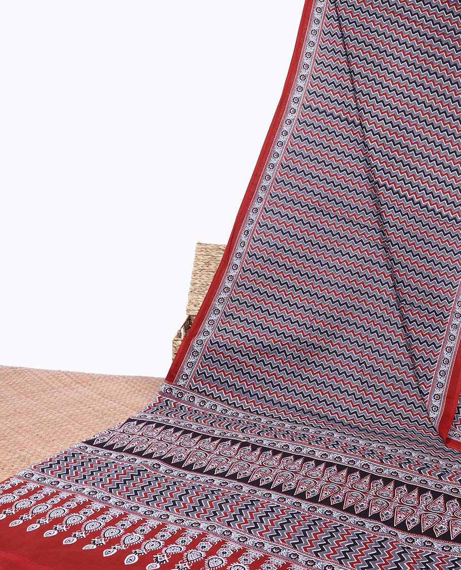 Multi-color chevron striped printed mul-mul cotton saree, floral printed border & intricate pallu