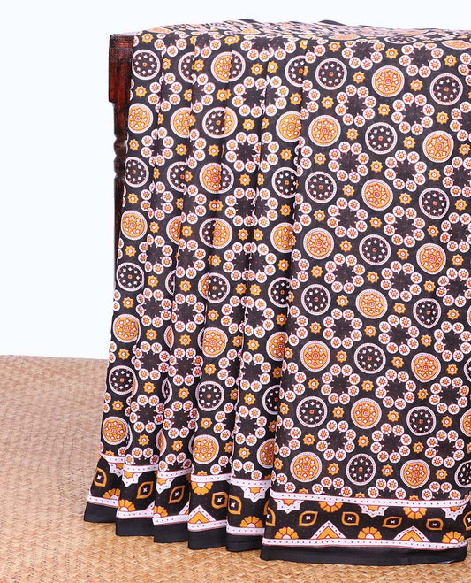 Black flower motifs printed mul-mul cotton saree, printed border & intricate pallu