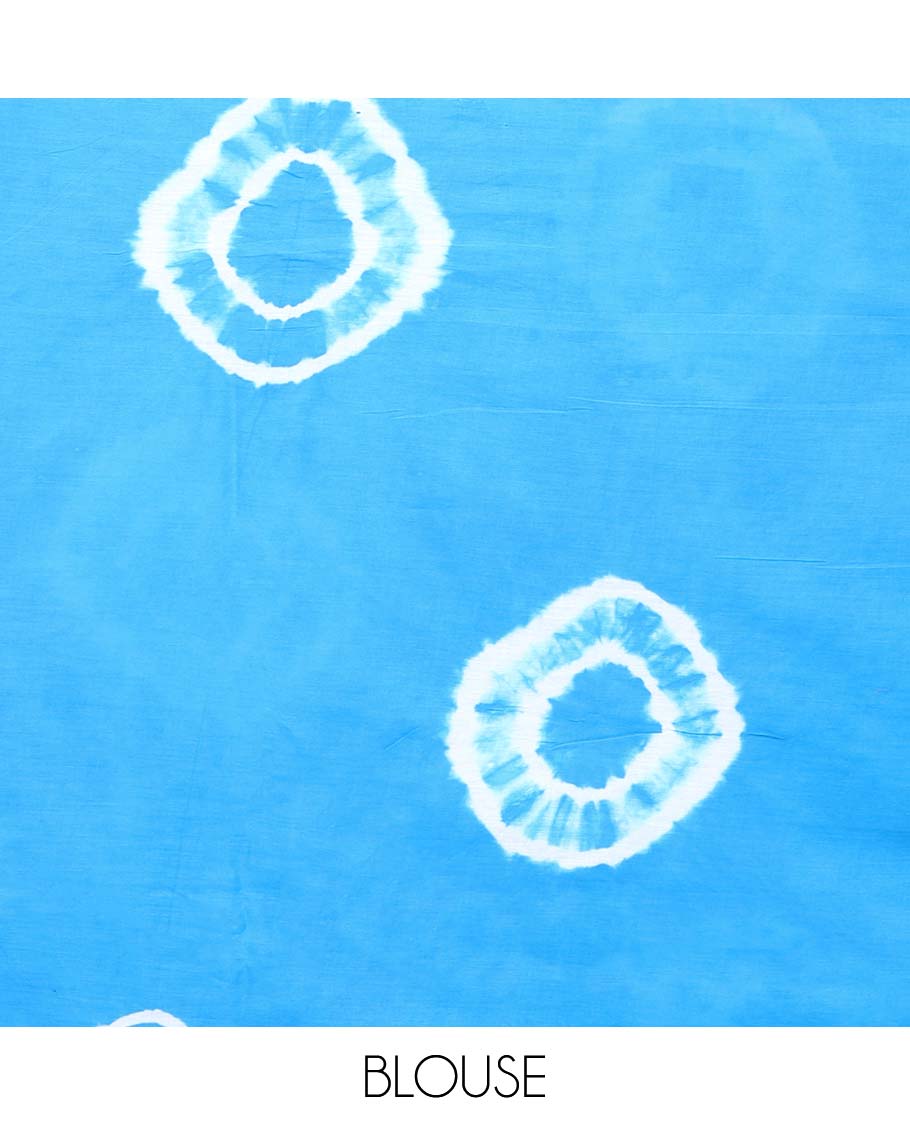 Borderless blue shibori printed mul-mul cotton saree, contrast pallu of shibori print
