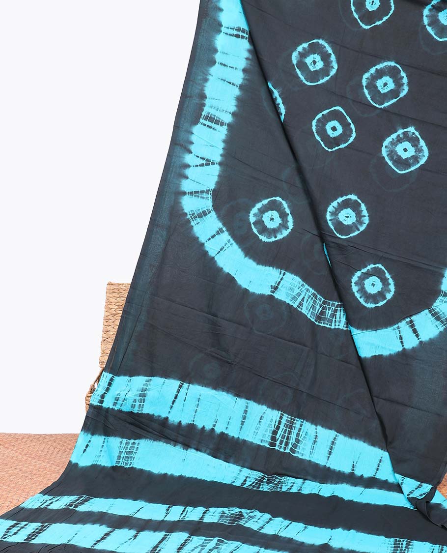 Borderless blue shibori printed mul-mul cotton saree