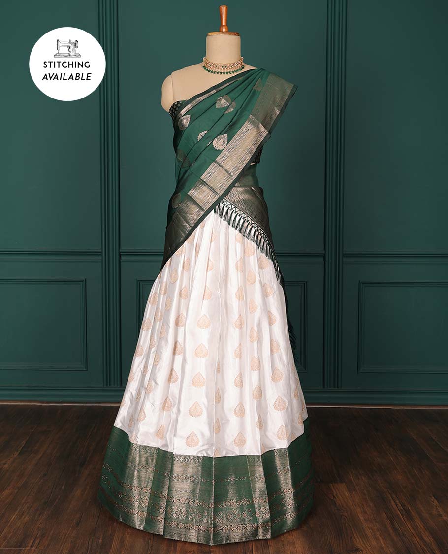 Cream zari buttas artsilk halfsaree, contrast traditional zari design border, jacquard blouse & intricate dhavani
