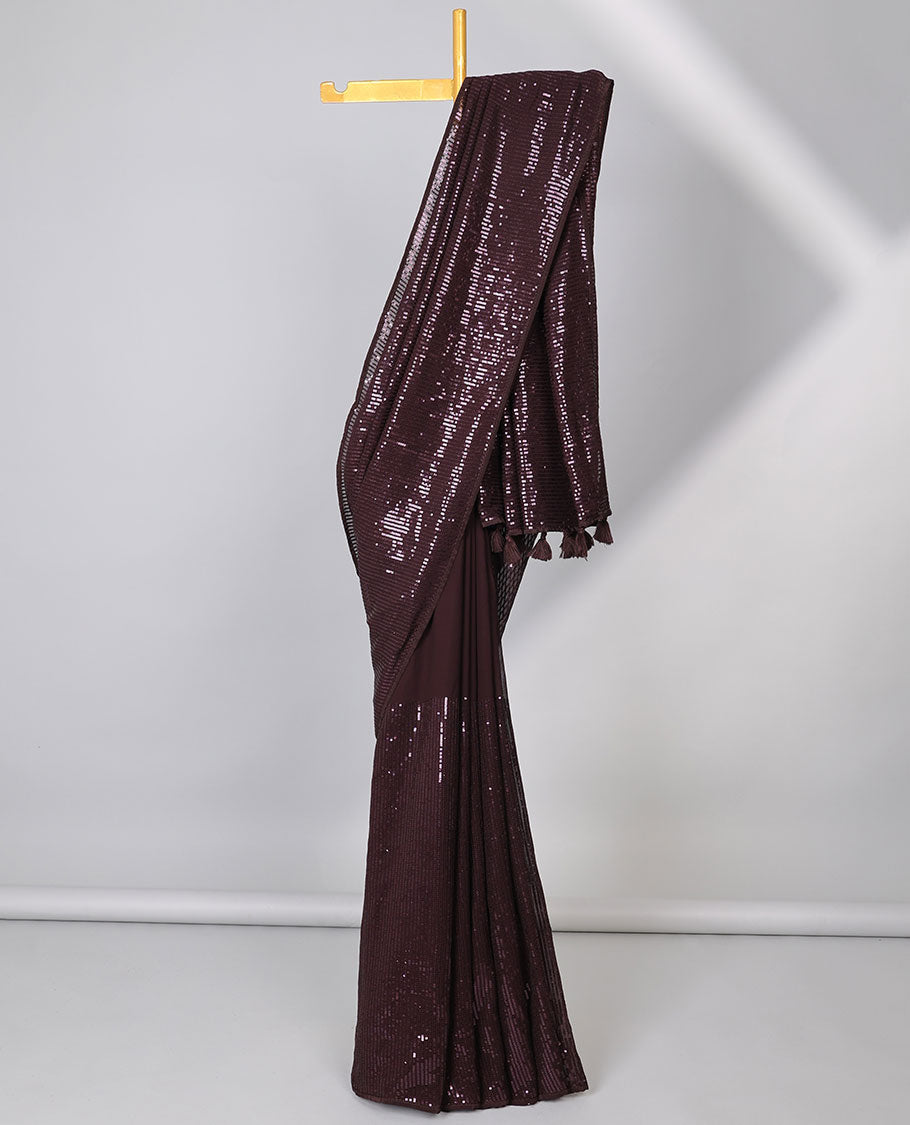 Borderless brown sequins embroidered designer saree