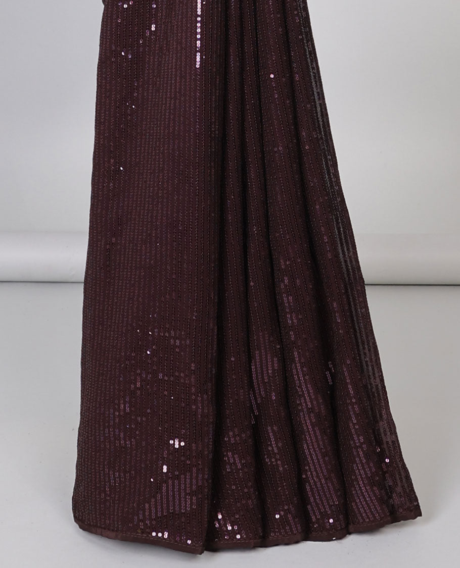 Borderless brown sequins embroidered designer saree