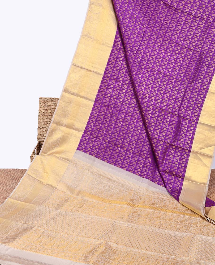 Purple mayil chakram butta & checked kancheepuram wedding silk saree, contrast border of thilakam mokku,kathir & muthu