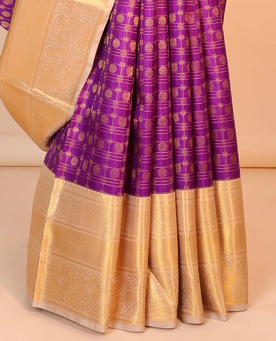 Purple mayil chakram butta & checked kancheepuram wedding silk saree, contrast border of thilakam mokku,kathir & muthu
