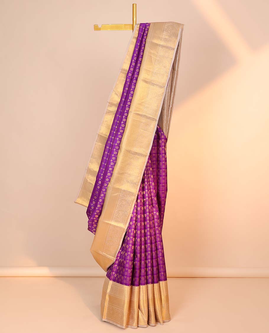 Purple mayil chakram butta & checked kancheepuram wedding silk saree, contrast border of thilakam mokku,kathir & muthu