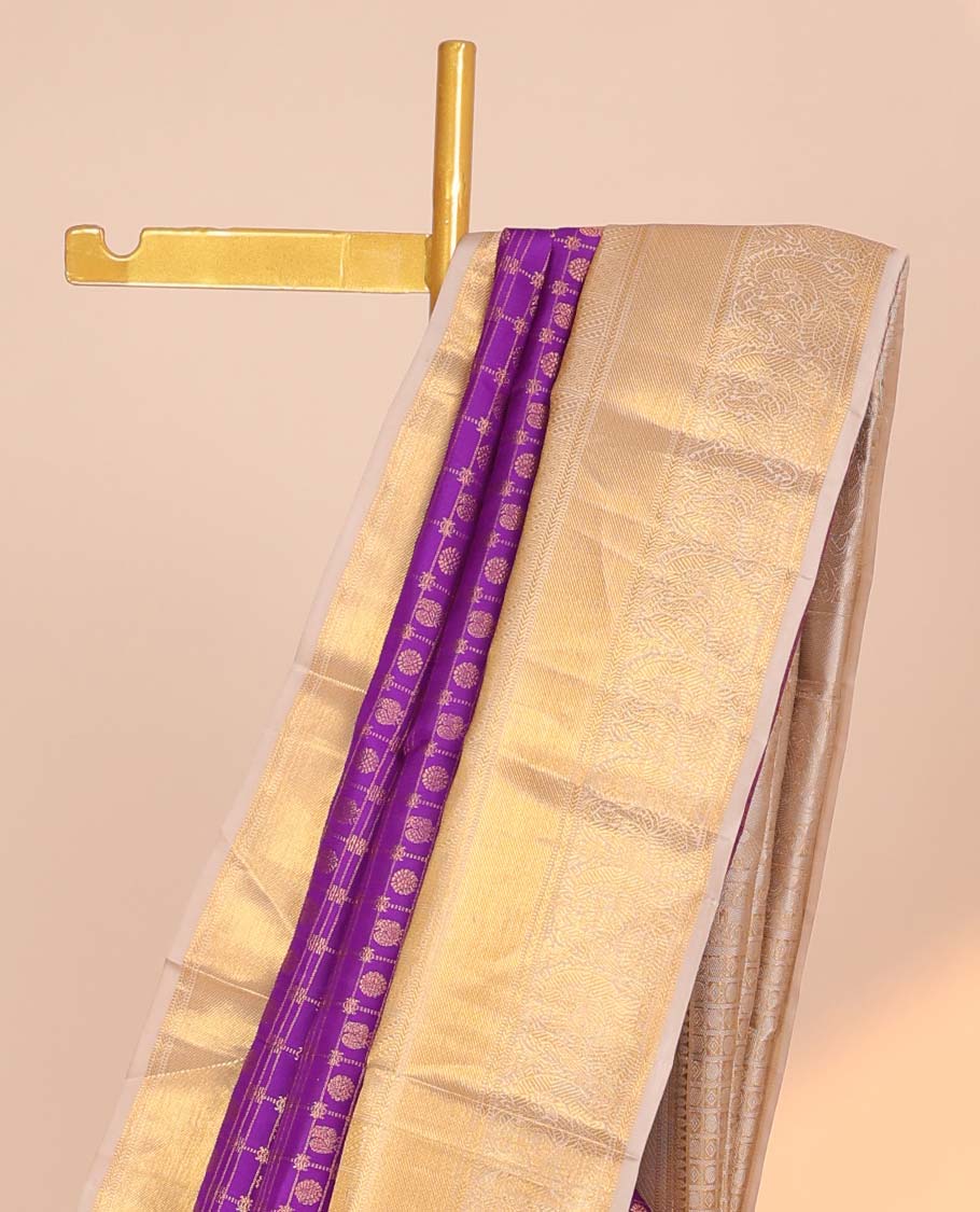 Purple mayil chakram butta & checked kancheepuram wedding silk saree, contrast border of thilakam mokku,kathir & muthu