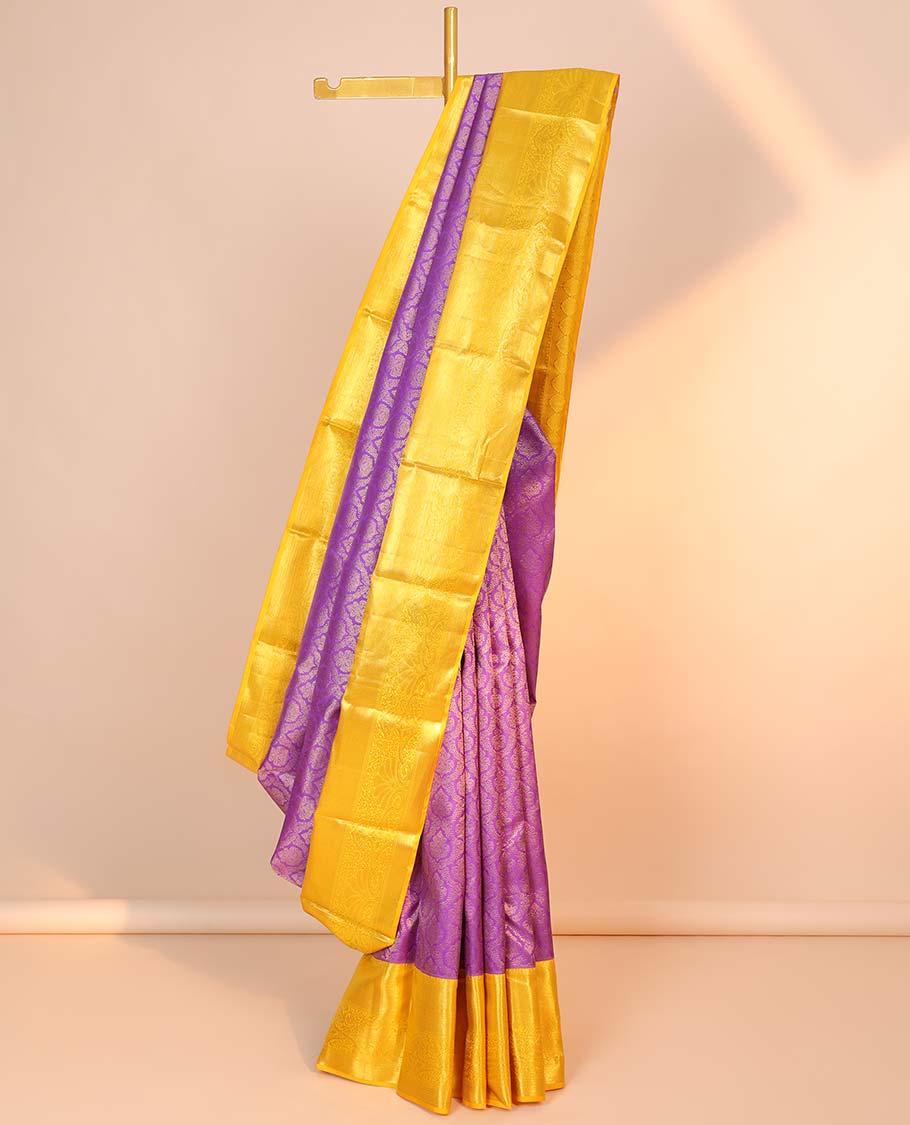 Purple jacquard kancheepuram wedding silk saree, contrast intricately zari woven pallu & border of traditional designs
