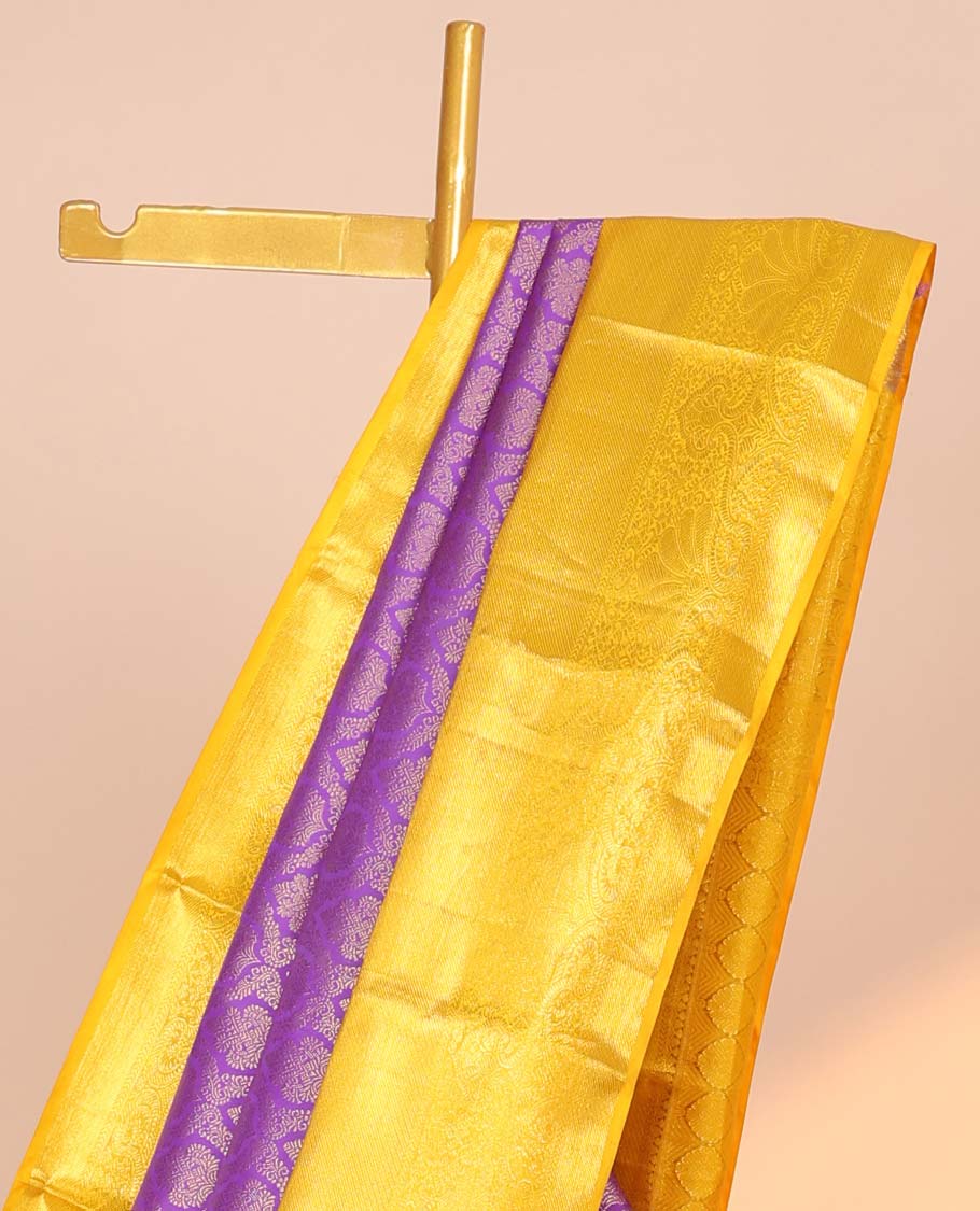 Purple jacquard kancheepuram wedding silk saree, contrast intricately zari woven pallu & border of traditional designs