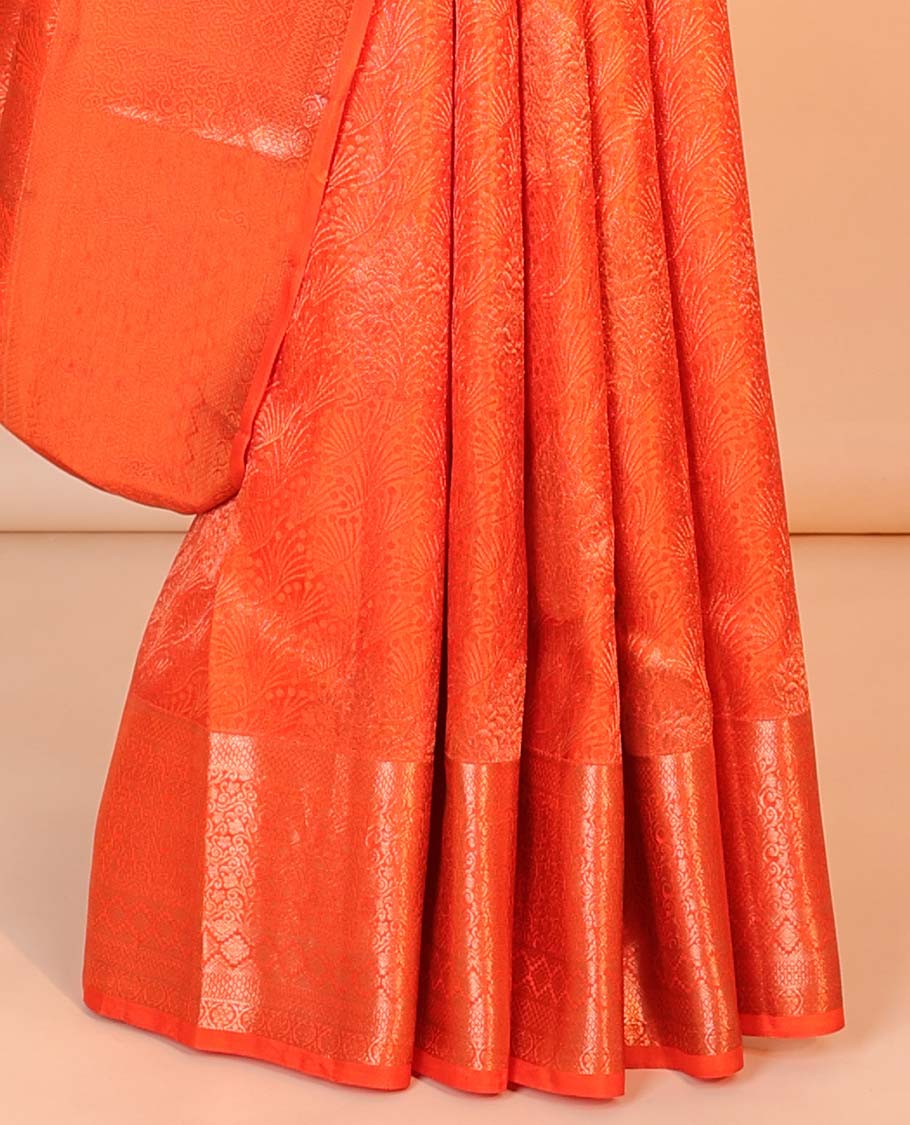Orange jacquard kancheepuram wedding silksaree, intricate pallu & border of traditional designs