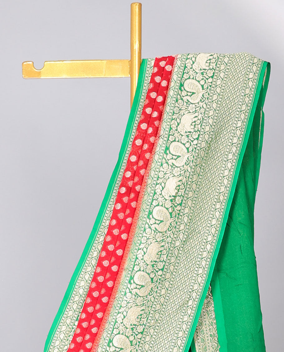 Red khaddi georgette saree with buttas, contrast intricate pallu & border steeped with traditional designs