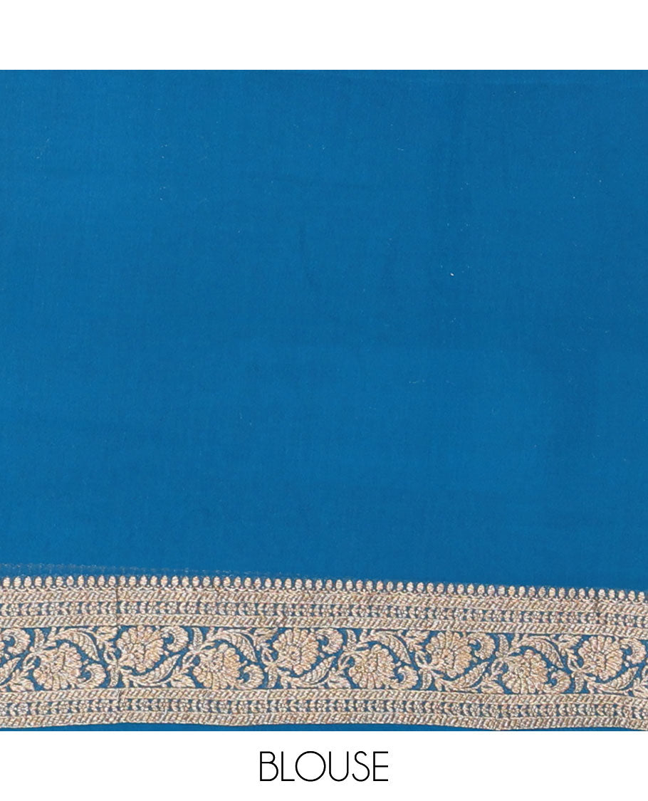 Blue khaddi georgette saree with buttas, floral jaal pallu & traditional border of floral creeper design