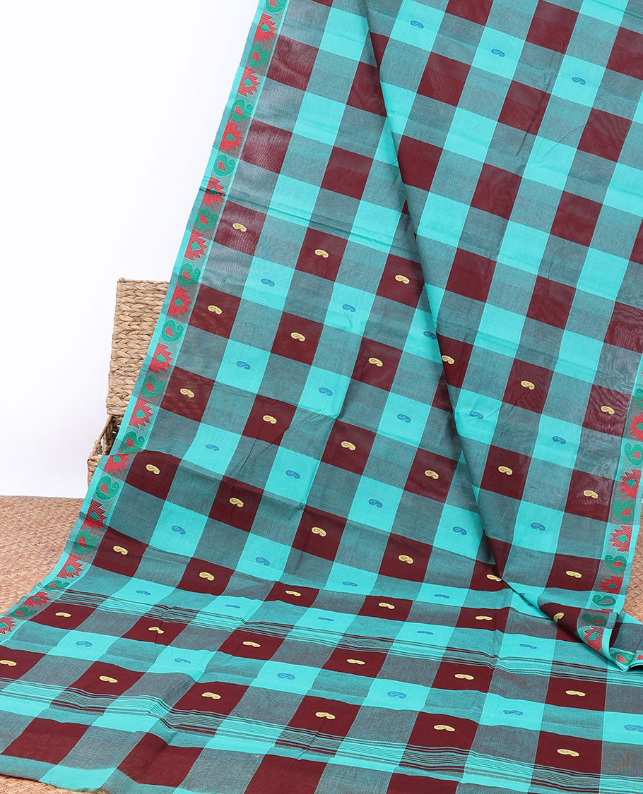 Multi-color checked & paisley buttas chettinad cotton saree, temple border & pallu of stripes